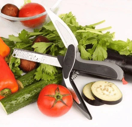 2 In 1 Clever Cutter Kitchen Knife Food Chopper Kitchen Scissors Smart Cutter Vegetable Slicer Cutting Board Cleaver Cutter