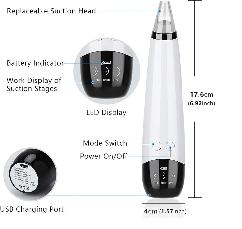 6 in 1 Blackhead Remover USB Rechargeable Derma Suction Blackhead Removal Machine