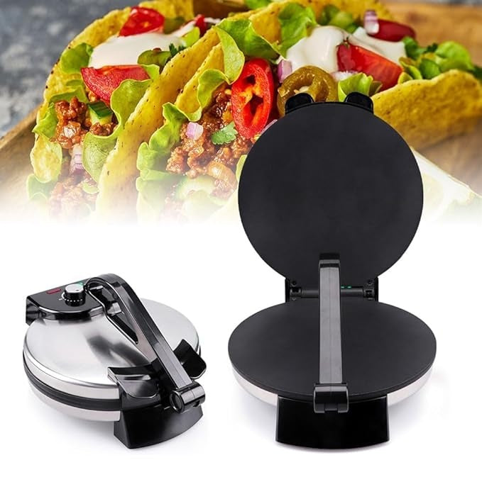 Electric Non-Stick Roti Maker Chapati Maker Flat Bread Wraps / Tortilla Maker with Temperature Control 10" Large Size Roti Maker Flat Bread Naan Tortilla Fulka Roti Press Machine Electric Pancake Maker Stainless Steel Non-Stick Electric Pizza Maker,